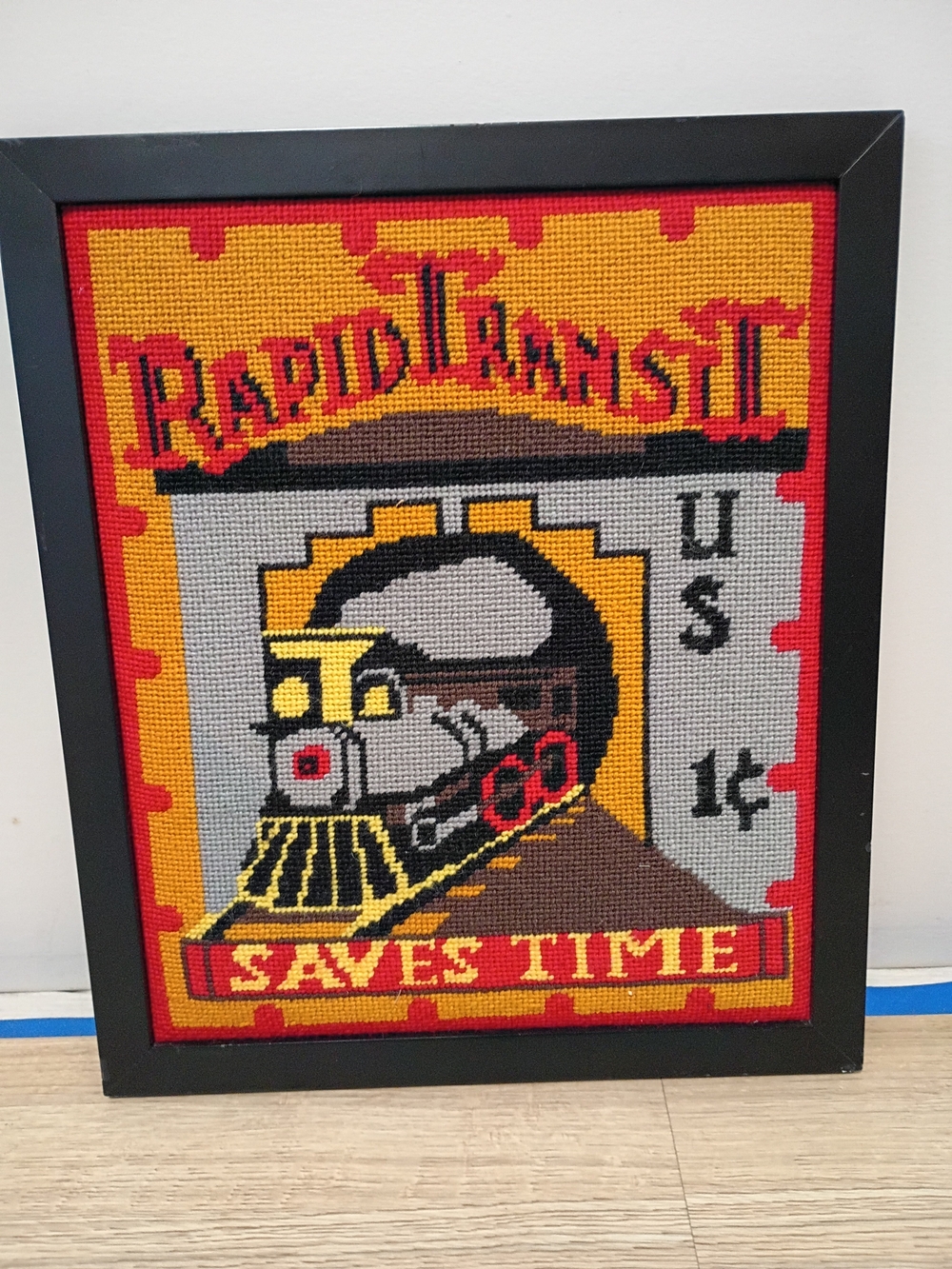 Framed Rapid Transit Train Needlepoint Wall Art - Yellow & Red